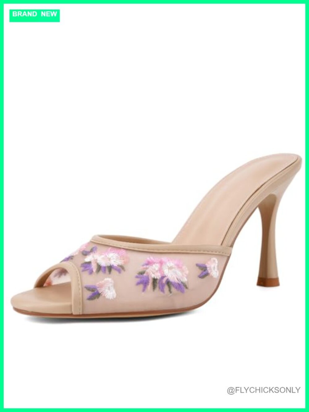 Women's Embroidered Open Toe Slip On Mules Heels Faux Leather Kitten Heel